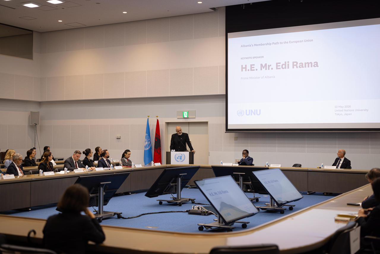Kryeministri Edi Rama adreson auditorin e Universitetit të Kombeve të Bashkuara në Tokio